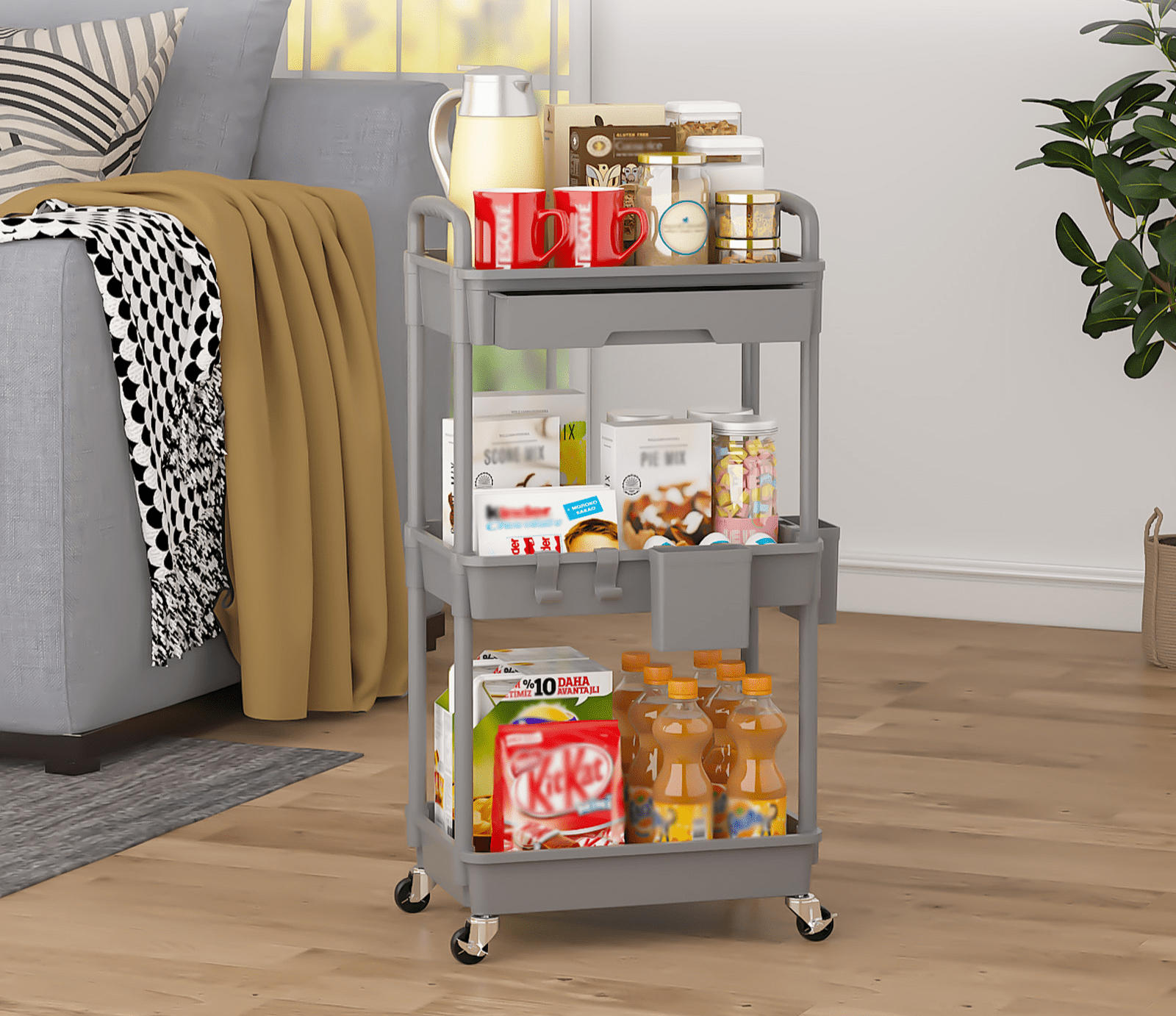 LLMRR 3 Tier Rolling Utility Cart with Drawer, Cart with Drawer & Handle, Bathroom Cart Organizer, Rolling Storage Cart with Drawer, Rolling Cart with Lockable Wheels for Kitchen, Office, Gray