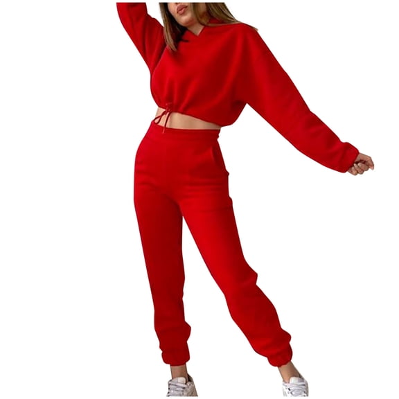SELONE Workout Outfits For Women 2 Piece Long Sleeve Hoodies Long Sweatpants Crop Hooded Neck Sweat Suits Loose Fit Taper Leg Gym Sets Solid Jogger Lounge Sets Streetwear Fall Wintern Clothes Red
