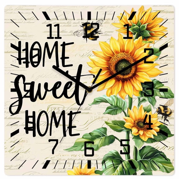 Sunflower Wooden Wall Clock Silent Non Ticking, Summer Botanical Bee Farmhouse Watercolor Square Wall Clocks Battery Operated, Decor Clock for Home Office, Living Room, Kitchen, 10 Inch