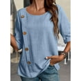 thumbnail image 5 of Women'S Round Neck Short Sleeve Cotton and Linen Button Fashion Casual Top Loose Formal Work T-Shirt Light Blue S, 5 of 7