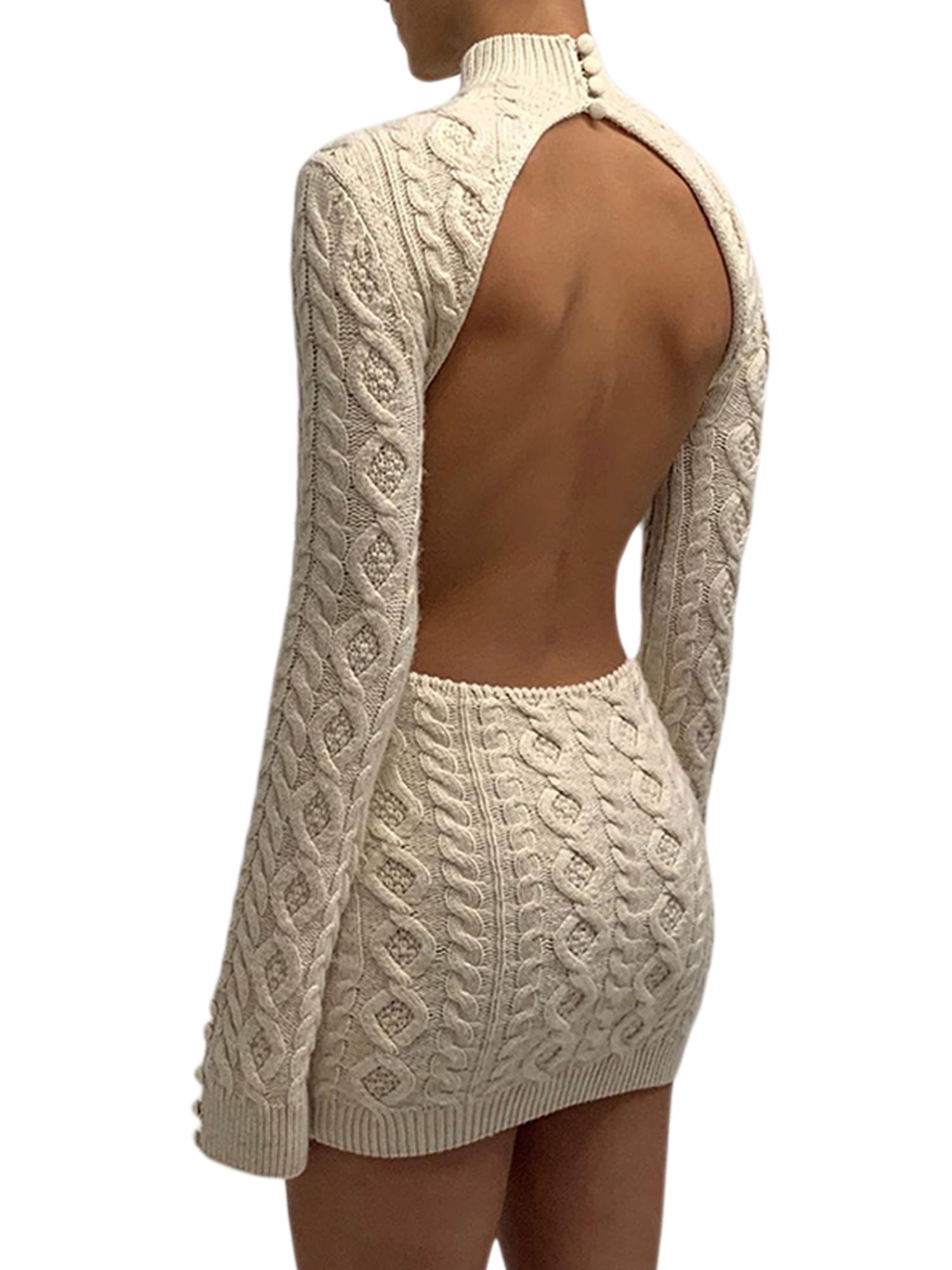 Musuos Women Backless Sweater Dress Turtleneck Long Sleeve Bodycon Slim Fit Knitted Dresses