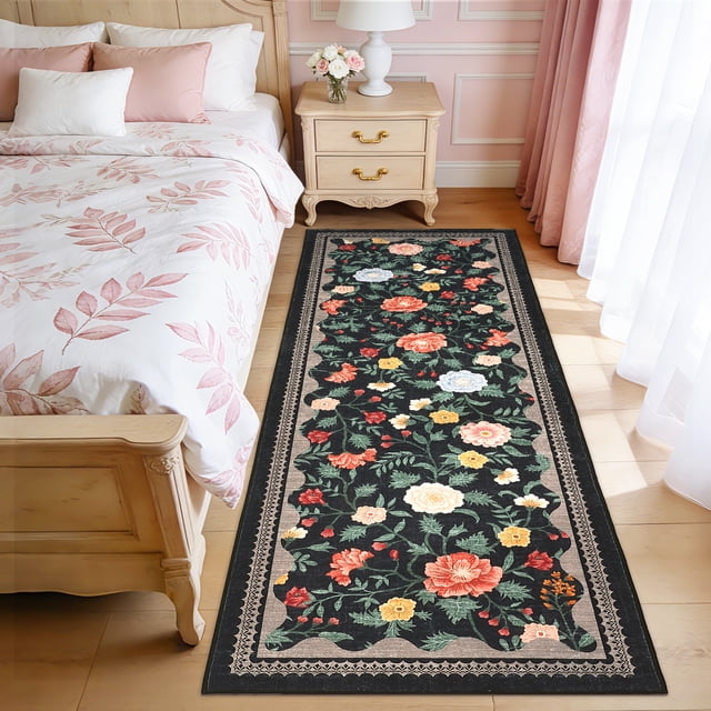 Garvee 2'x6' Runner Rug Vintage Floral Area Rug, Washable Boho Rugs Non Slip Soft Low Pile Farmhouse Rug Indoor Floor Carpet for Hallway Bedroom Kitchen, Black