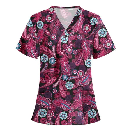 

Funicet Plus Size Tops For Women Women Scrubs Top Women s Working Uniform Nursing Uniform With Two Pockets Short Sleeve V-neck Summer Blouse