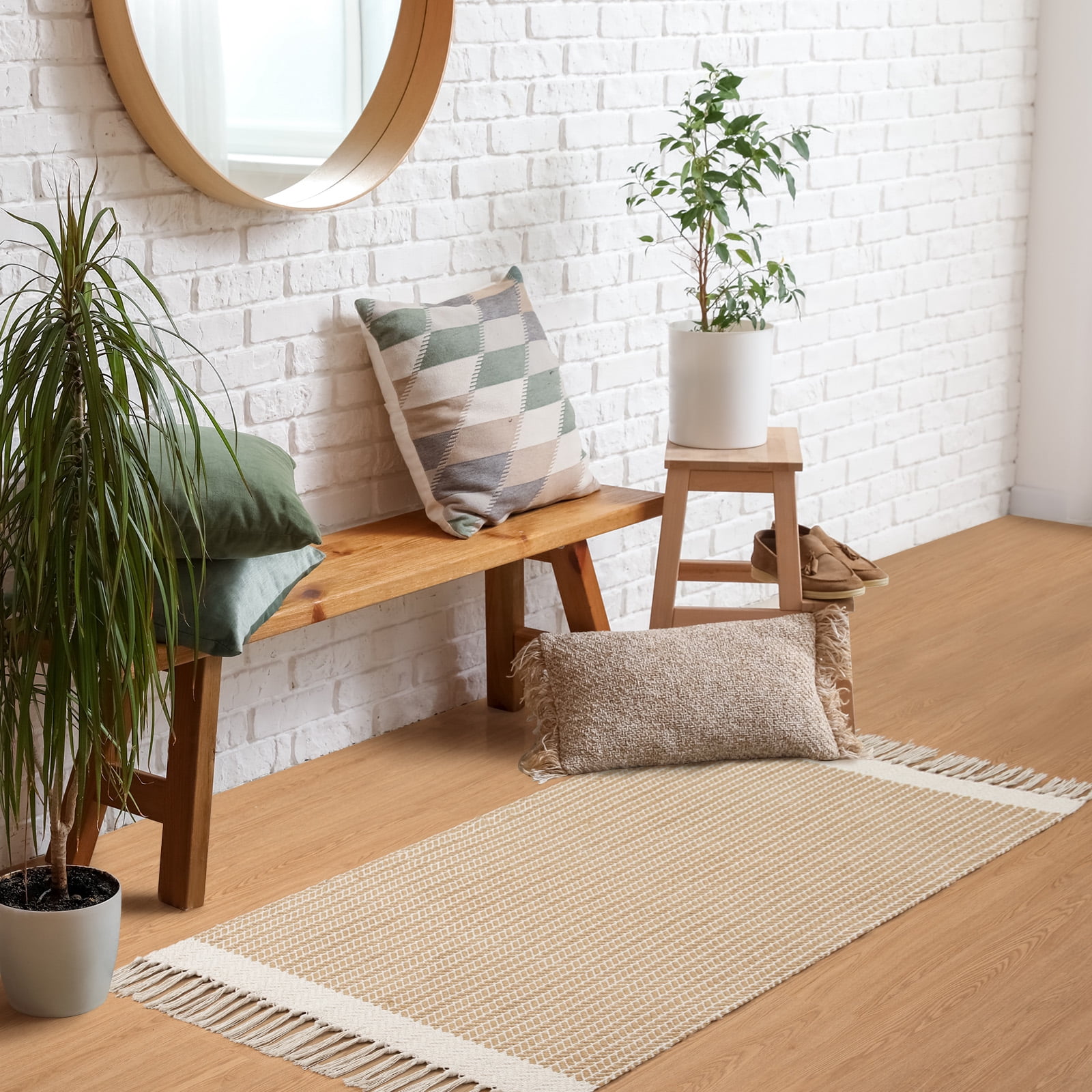 Moynesa 3'x5' Area Rug for Living Room Machine Washable Bedroom Rugs Boho Farmhouse Woven Mat with Tassels Accent Kitchen Rugs Non-Shedding Indoor Carpet for Bathroom Laundry Room, Khaki
