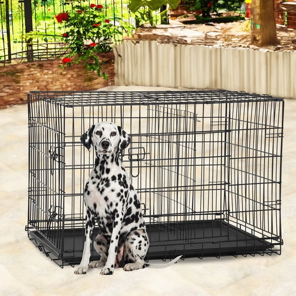 42 Inches Large Dog Crate with Divider Panel, Double Door Folding Metal Wire Dog Cage with Plastic Leak-Proof Pan Tray, Pet Kennel for Indoor, Outdoor, Travel, Black