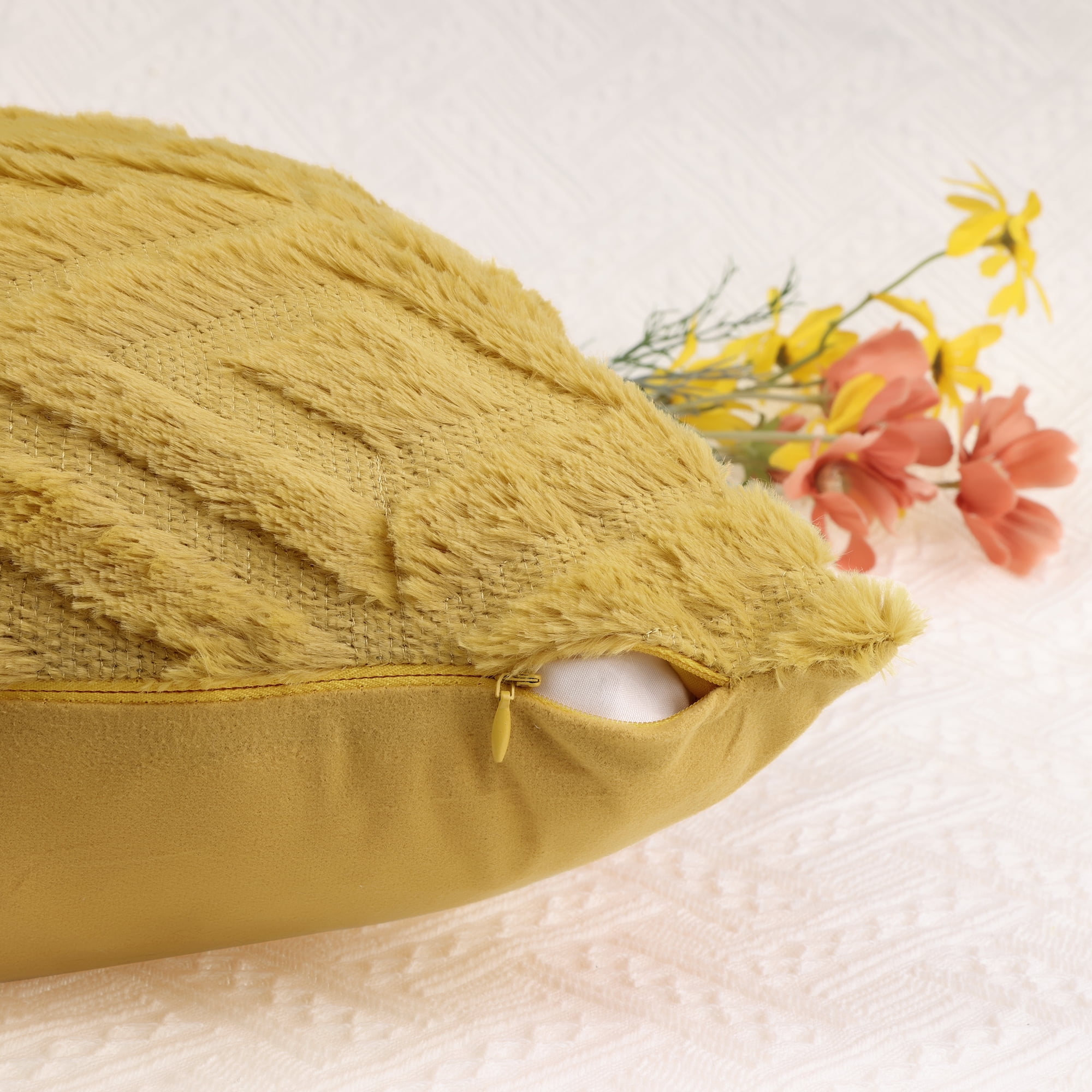 Unique Bargains Shaggy Plush Throw Pillow Covers Couch Pillow Covers (2 Count) Yellow-1 20" x 20"