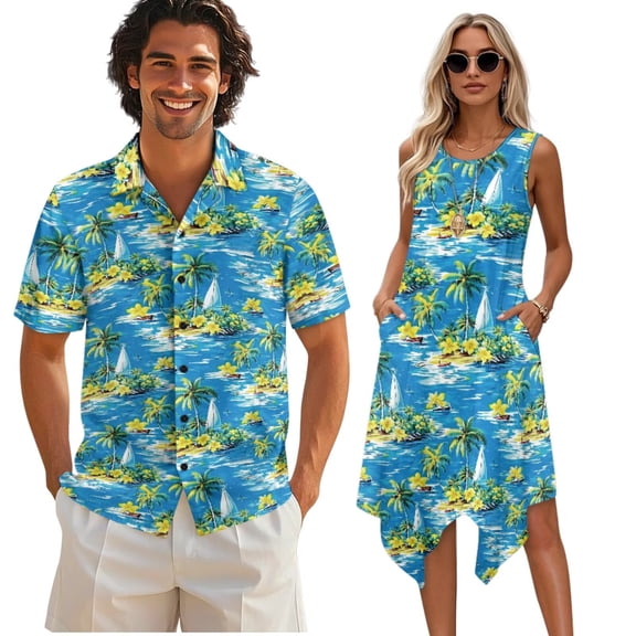 Psesaysky Palm Tree Ship Midi Dress for Women,Summer Aloha Shirts for Men Husband and Wife Matching Clothes Couple Hawaiian Luau Outfits Sets Tunic Dress or Shirt,Blue Ocean Print