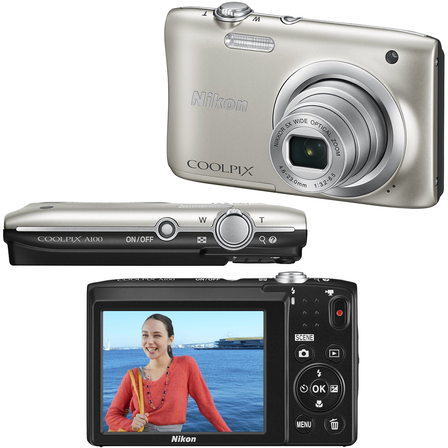 Nikon COOLPIX A100 20.1 MP Digital Camera with 5x Zoom Lens & 720p HD Video  (Silver) + EN-EL19 Battery + 8pc 16GB Accessory Kit