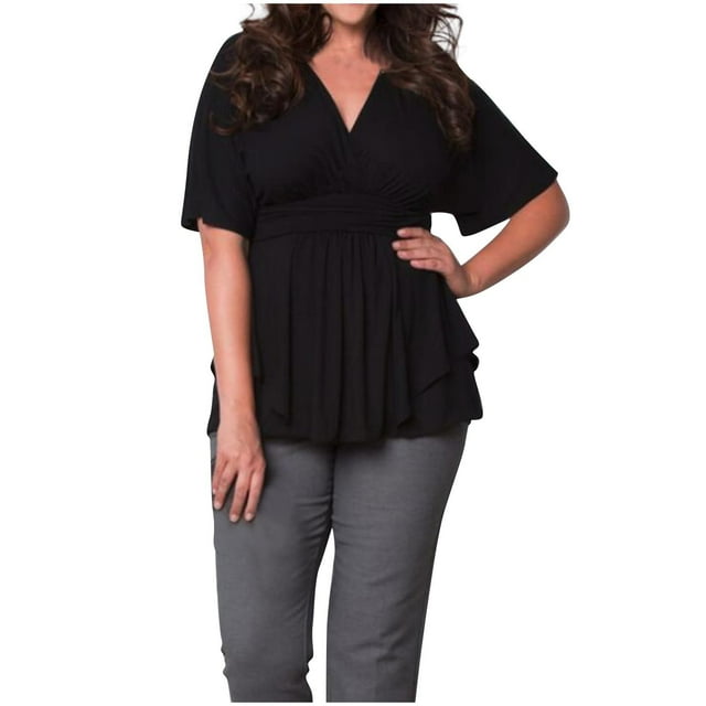 Yuyuzo Plus Size Tops for Women Short Sleeve Shirts Deep V Neck Ruffle Hem Pleated Tunic Tops