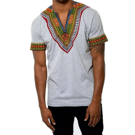 Mens African Printed V-Neck T-Shirt Tees Tops