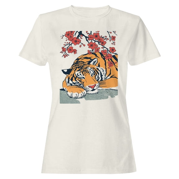 Smartprints Resting Tiger & Cherry Blossoms Women's T-Shirt Off White, Cotton, S