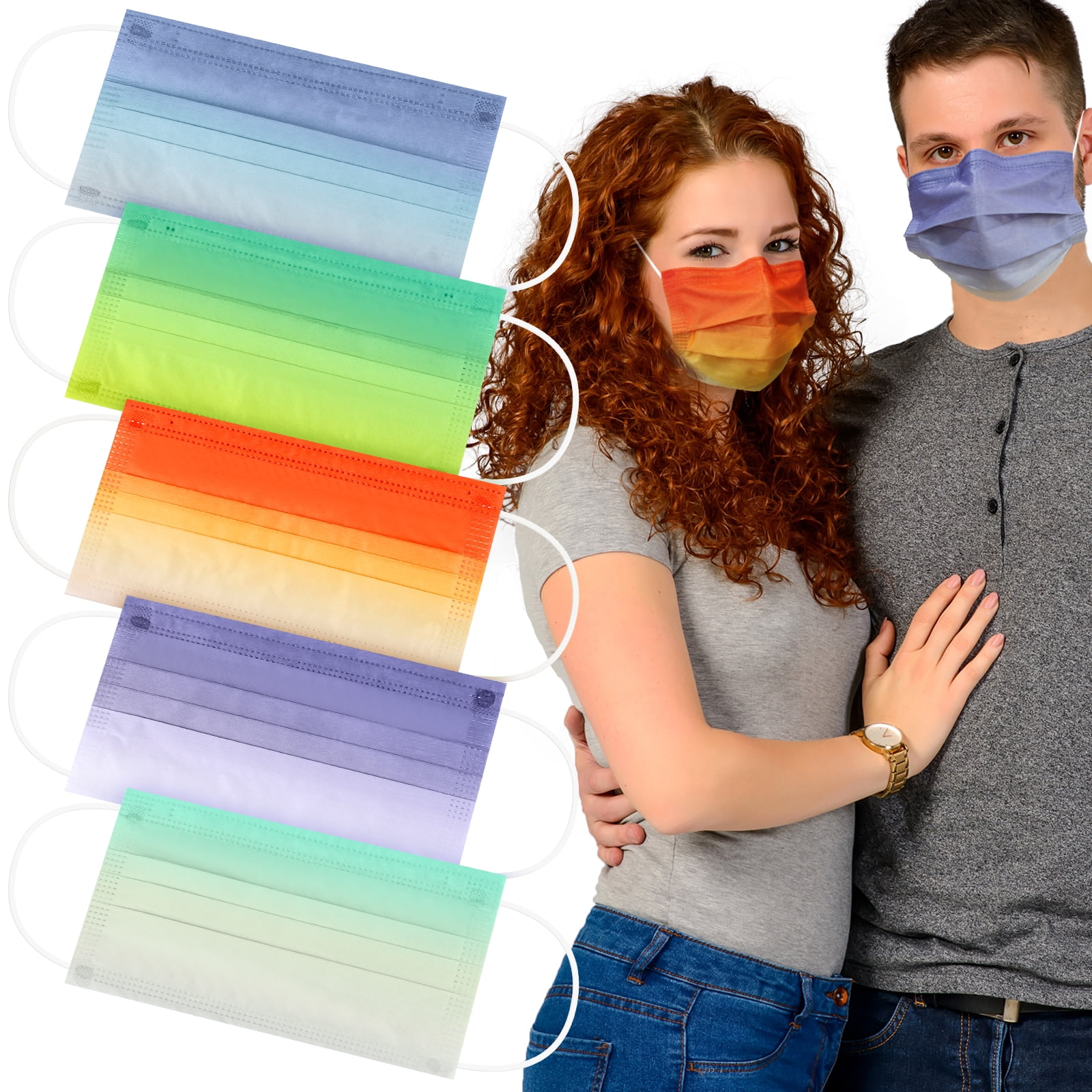 Colorful Disposable Face Masks Adults Masks Colored 3Ply Ombre Color Designs Women Men Grown-up with Nose Clip Earloop 50 Pcs
