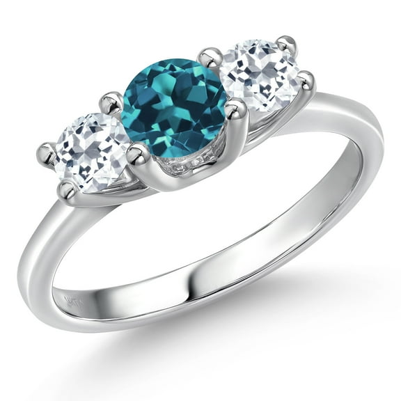 Gem Stone King 14K White Gold London Blue Topaz & White Topaz 3-Stone Engagement Ring | 1.36 Cttw | Round 5MM and 4MM | Three Stone Wedding Anniversary Promise Ring for Women (Size 7)