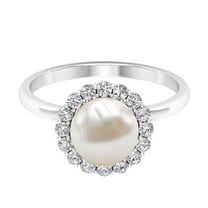 Rosec Jewels Real Freshwater Pearl Cocktail Ring with Diamond Halo for Women (8 mm), 925 Sterling Silver, US 11.00