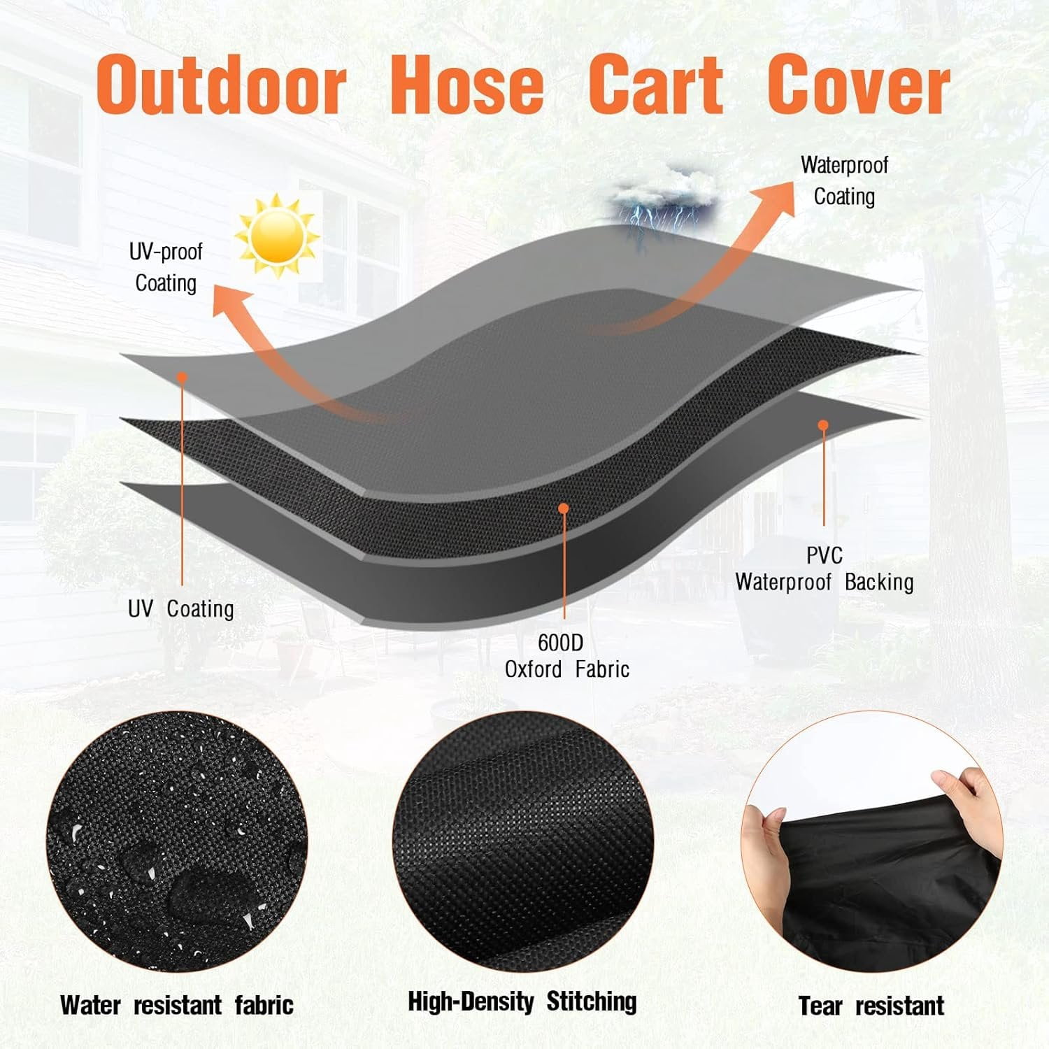 Garden Hose Reel Cart Cover, 600D Outdoor Hose Cart Covers for outside,  Anti-UV Hose Reel Cover,  Season Protection-30.3"L x26.3"Wx 35"H