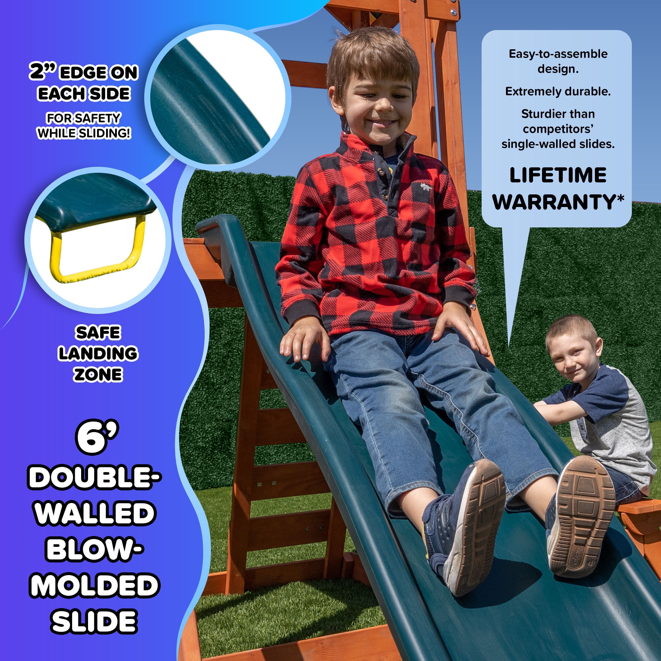 Sportspower Scottsdale Wood Swing Set with 2 Adjustable Belt Swings, Play Fort with Sandbox, Rock Climber, & Covered Deck, and 6-FT Slide, BONUS Anchor Kit Included, for Kids Aged 3-8
