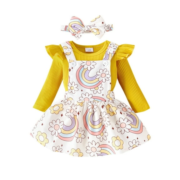 GYRATEDREAM Thanksgiving Baby Girl Outfit My First Christmas Infant Long Sleeve Romper Suspender Skirt Set 3Pcs for 0-18M Yellow
