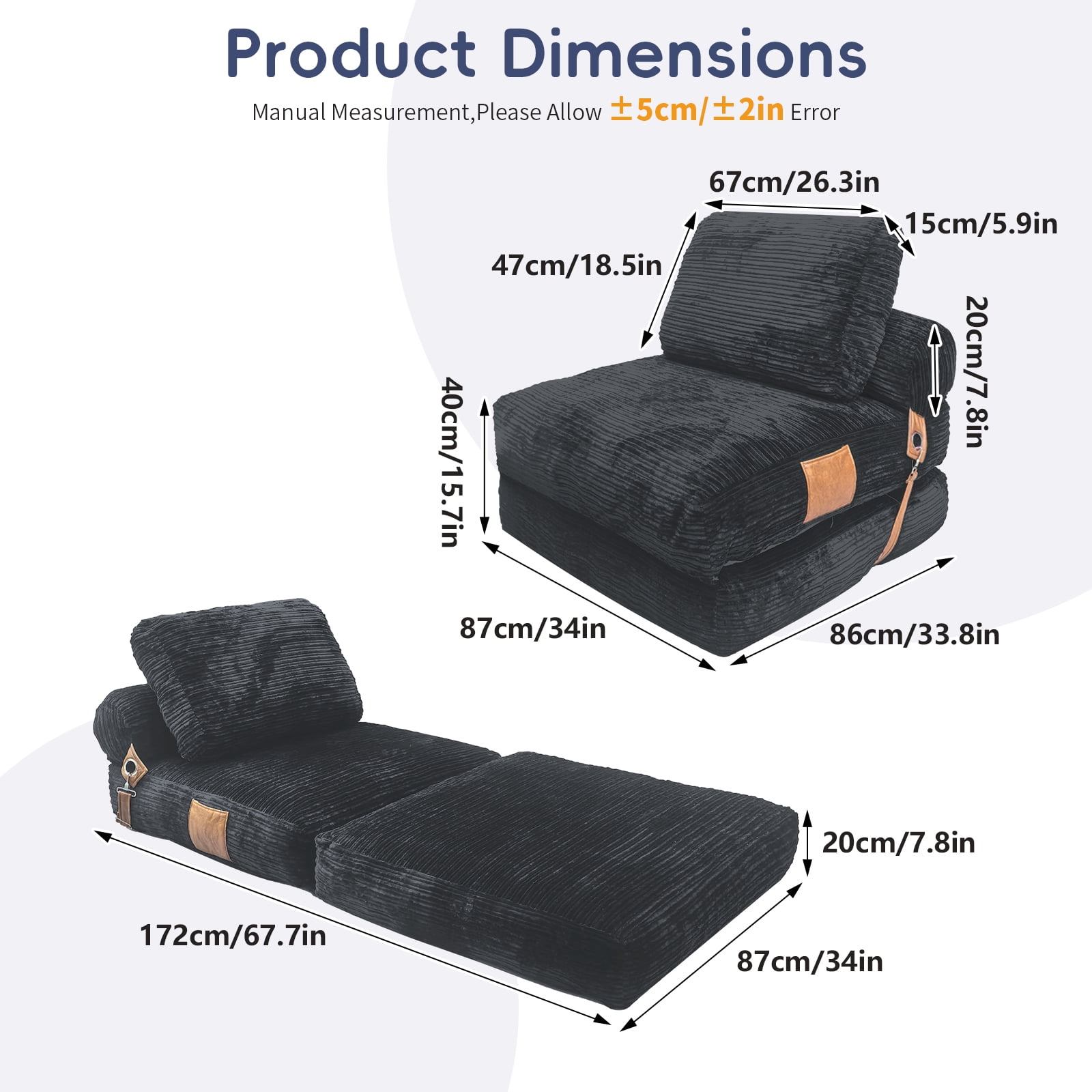 Leumius Lazy Sofa Bean Bag Chair,Folding Sofa Bed,Comfy Convertible Fold Out Lounge Chair for Living Room Bedroom,DARK GREY