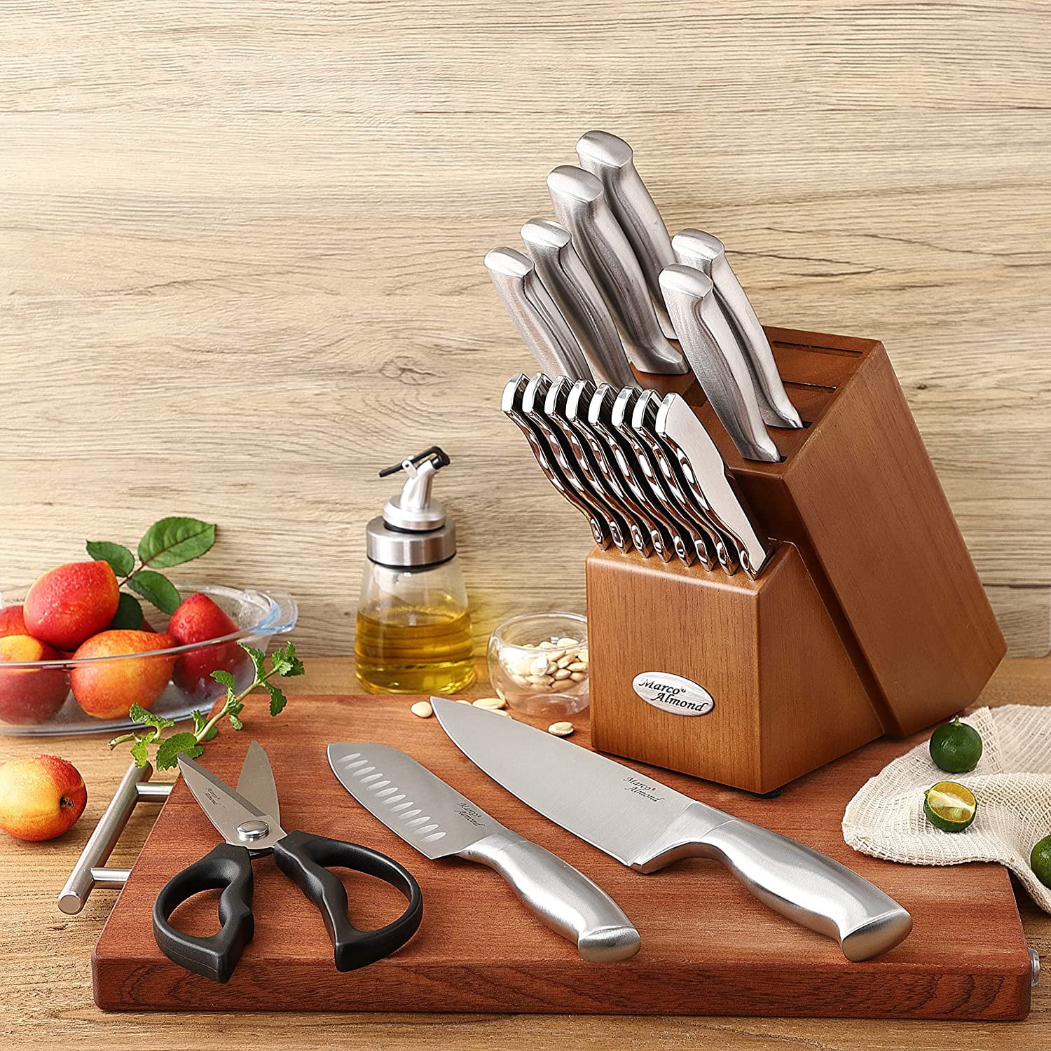 Marco Almond KYA24B 14 Piece Kitchen Stainless Steel Knife Set with  Built-in Knife Sharpener + Marco Almond MA63 Graters for Kitchen