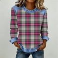 thumbnail image 2 of Qgtaibl Womens Long Sleeve Plaid Shirts Denim Patchwork Crew Neck Tunic Tops Loose Fit Comfy Daily Blouse B_Pink S, 2 of 5