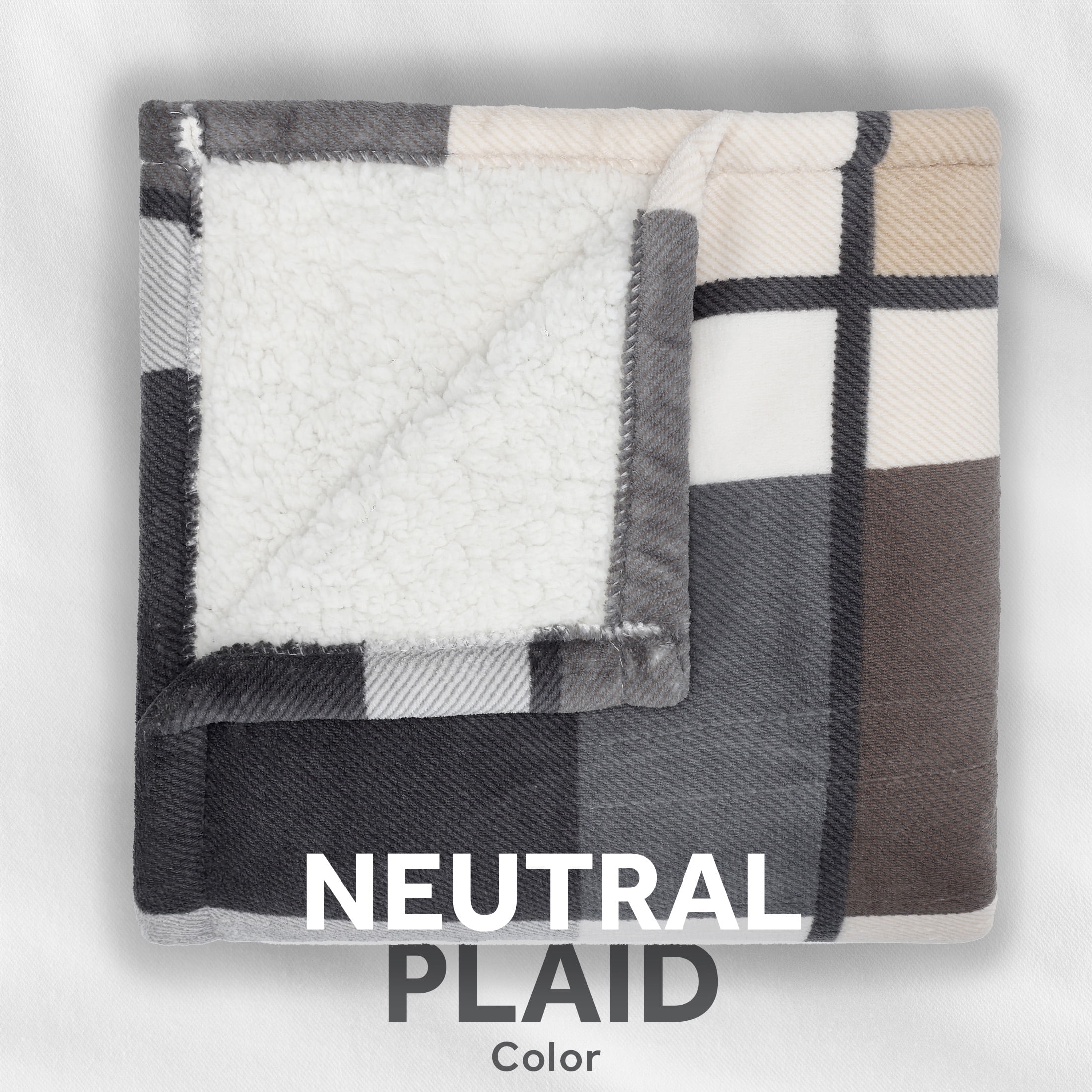 Sunbeam Throw Neutral Plaid Microplush Sherpa/Faux Shearling, 4 Heat Settings, 4-Hour Auto Shut-Off, Electric Heated Blanket, 50” x 60”