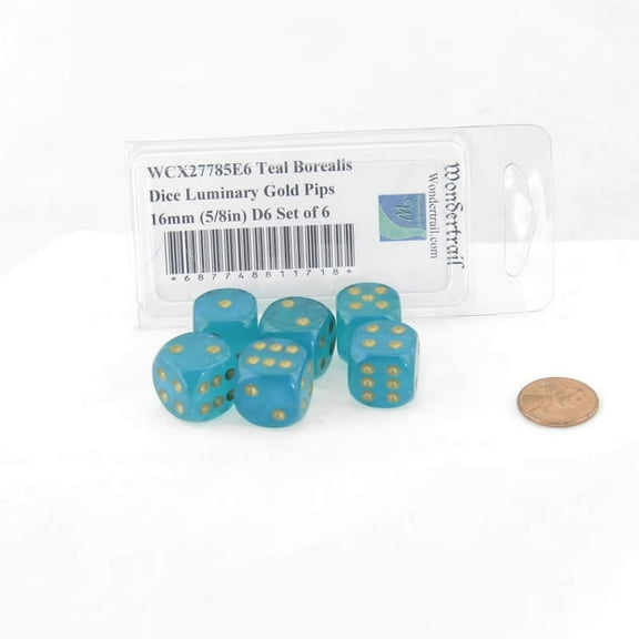 Teal Borealis Dice Luminary with Gold Pips 16mm (5/8in) D6 Set of 6 Wondertrail