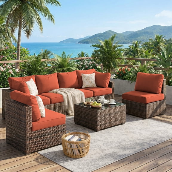 Gaildon 7 Patio Outdoor Furniture Wicker Sectional Sofa Couch Lawn Sectional Black Glass Table, Red