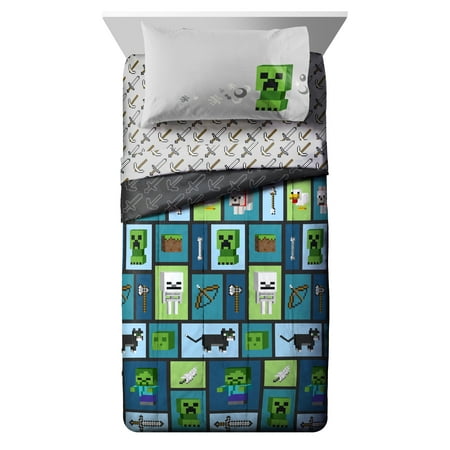 Minecraft Green/Blue Collage Kids Bed-in-a-Bag Bedding Set w/ Reversible Comforter, Gaming Bedding