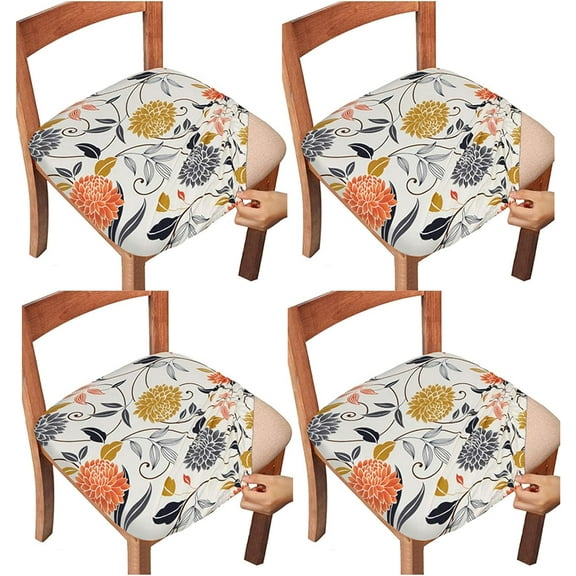 Chair Seat Covers,Stretch Printed Chair Covers with Elastic Ties and Button,Removable Washable Dining Upholstered Chair Protector Seat Cushion Slipcovers for Dining Room,Office(Flower,Pack-4)