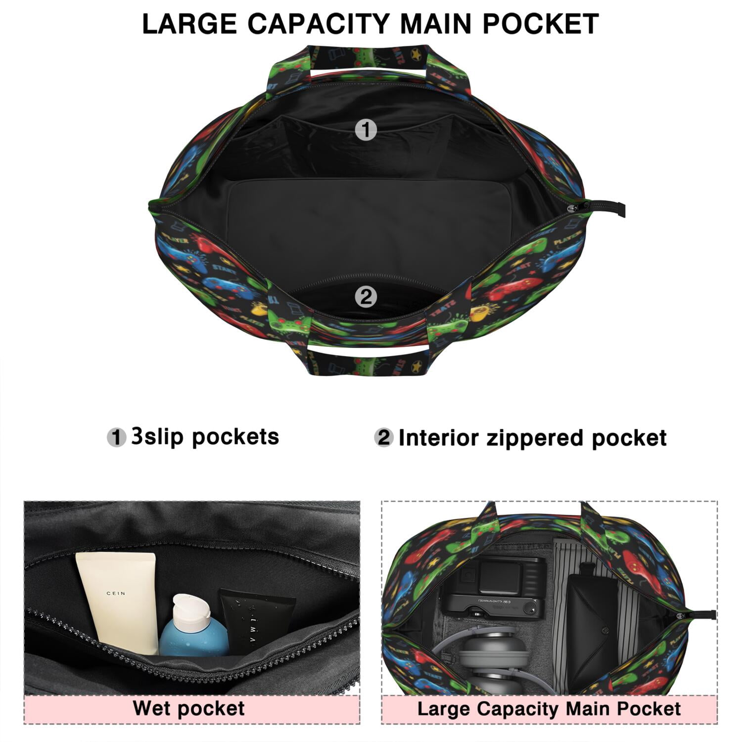 Colorful Controllers Games Stars Black Pattern Travel Tote Bags for Women Carry On,Large Weekender Bags for Women Travel,Multi Functional Duffle Bag for Work,Shopping,Sports