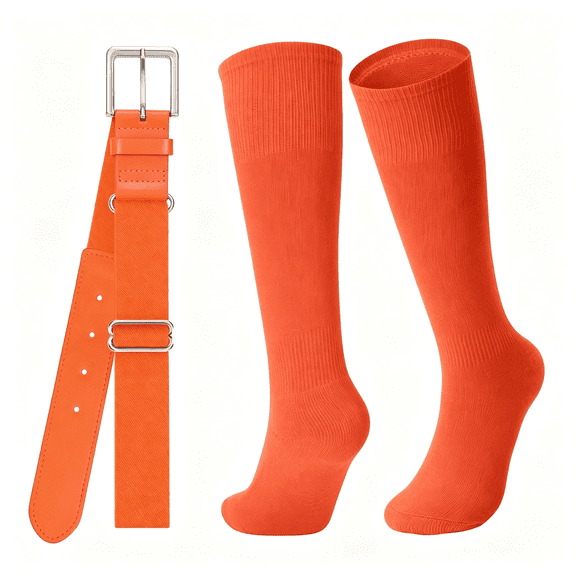 OQRKI Baseball Socks&Belt for Youth Adult Softball Socks Combo Elastic Waist Belt for Men Kids Boys Girls Women Orange Baseball Socks