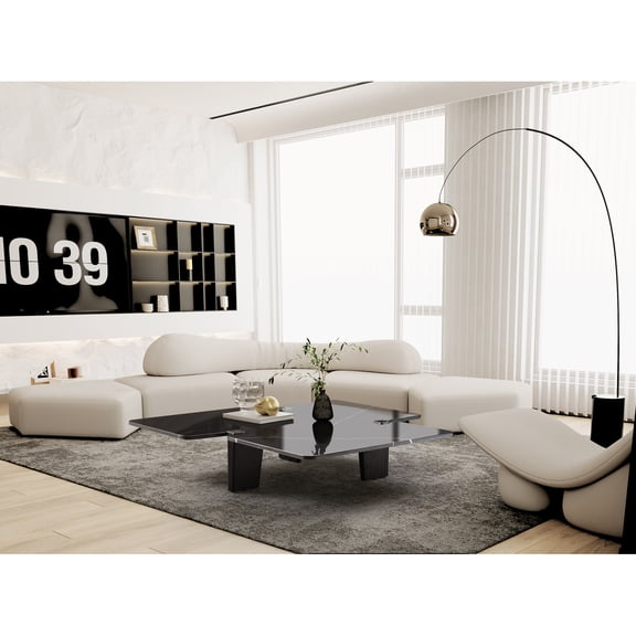 Whiteline Modern Living Amora Coffee Table, Top in Black Marble with Brushed Stainless-Steel Caps, Base in Smoked Oak