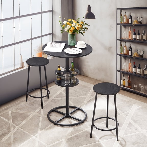 VECELO 3-Piece Bar Table Set with Wine Rack, Round Bistro Table with 2 Stools for Breakfast Nook, Dining Room, Kitchen, Black