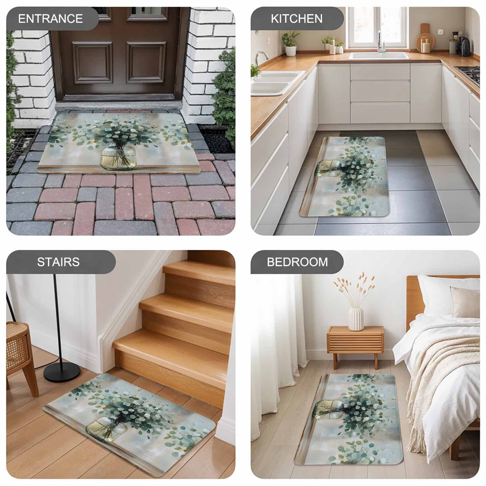 Spring Eucalyptus Doormat Outdoor Entrance 24"x36", Pastoral Botanical Leaf Retro Rustic Absorb Moisture Dirt Door Mats, Non-Slip Rubber Backing Floor Mats Indoor, Low-Profile Front Door Rugs