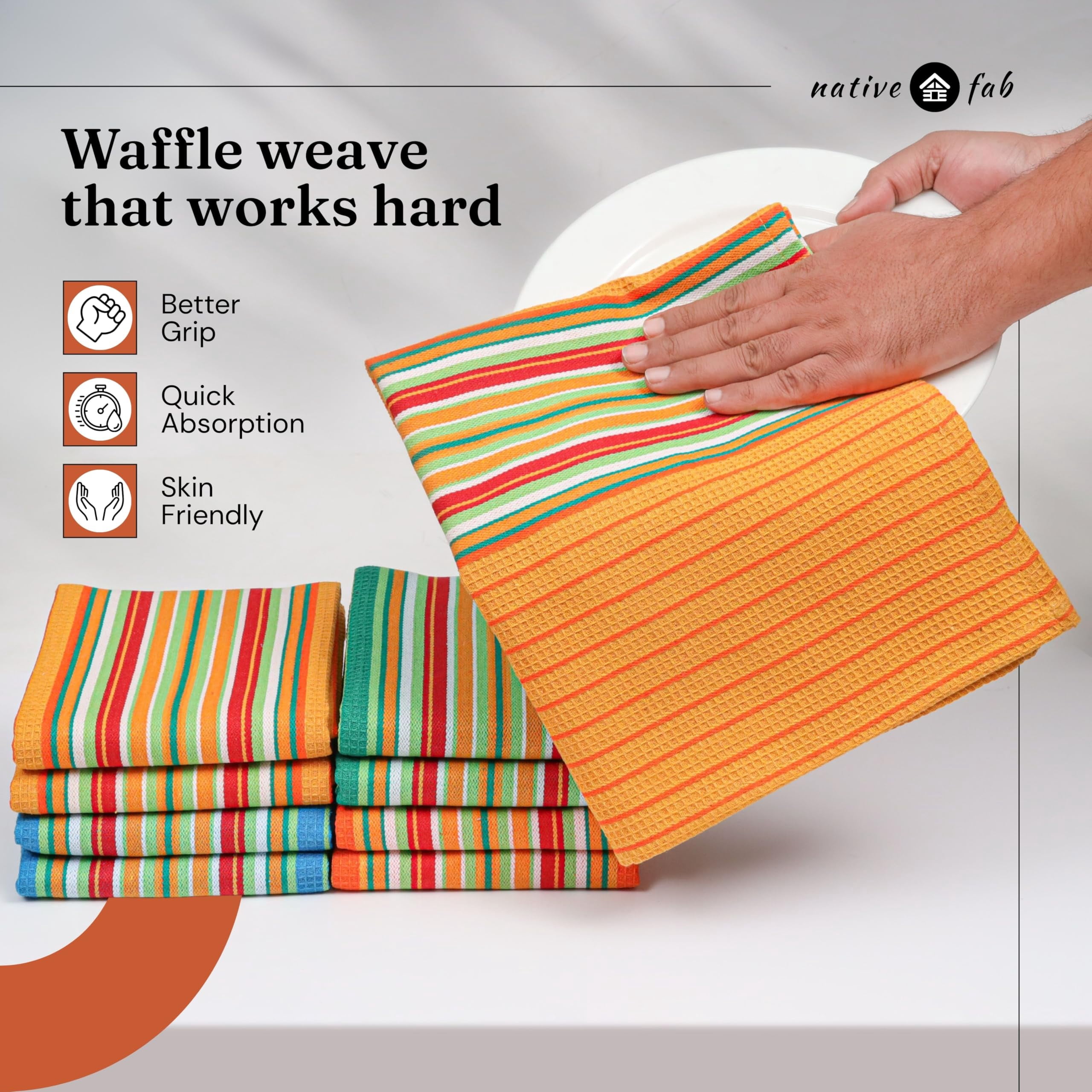Native Fab Mexican Salsa Stripe Kitchen Towels, 8 Pack, 18x28 Inches, 100% Cotton, Highly Absorbent, Soft, Dish Towel for Drying Dishes, Everyday Kitchen Use, Reusable, Washable, Mustard Yellow
