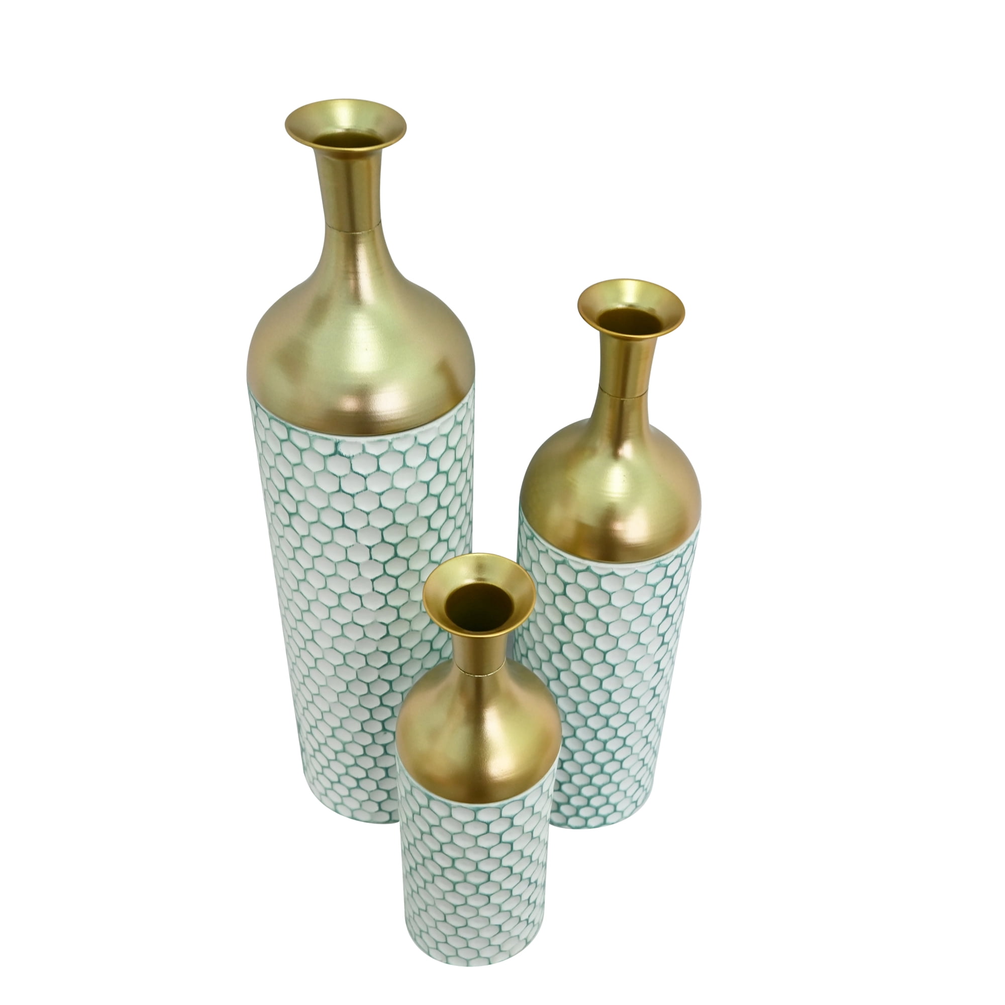 Leumius Decorative Metal Vases Set of 3, Gold Leaf Pattern Floor Vases, White & Gold Tall Vases for Home Decor, Living Room Entryway Decor