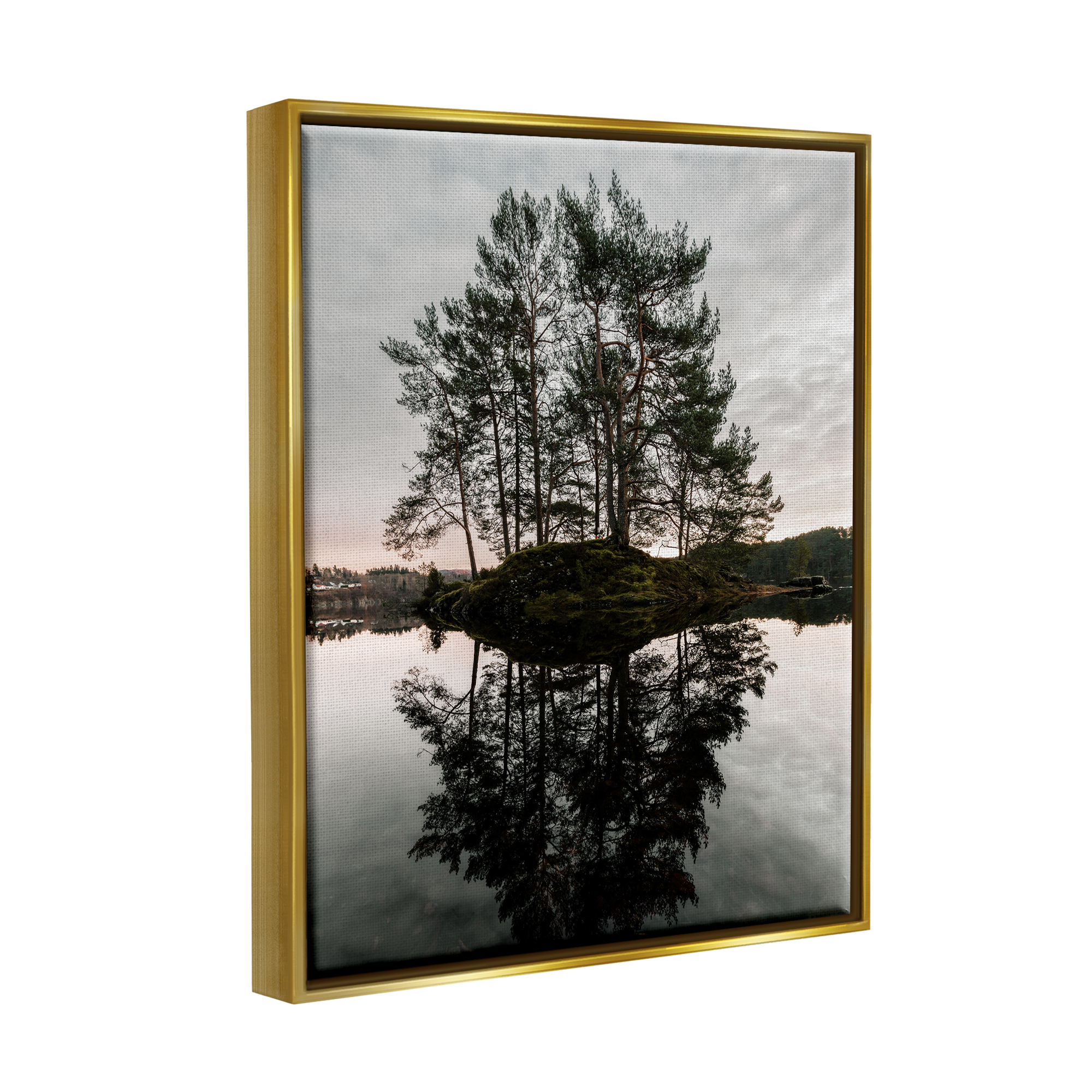 Stupell Industries Tree on Lake Landscape Nature Photography Gold Floater Framed Art Print Wall Art, 17 x 21