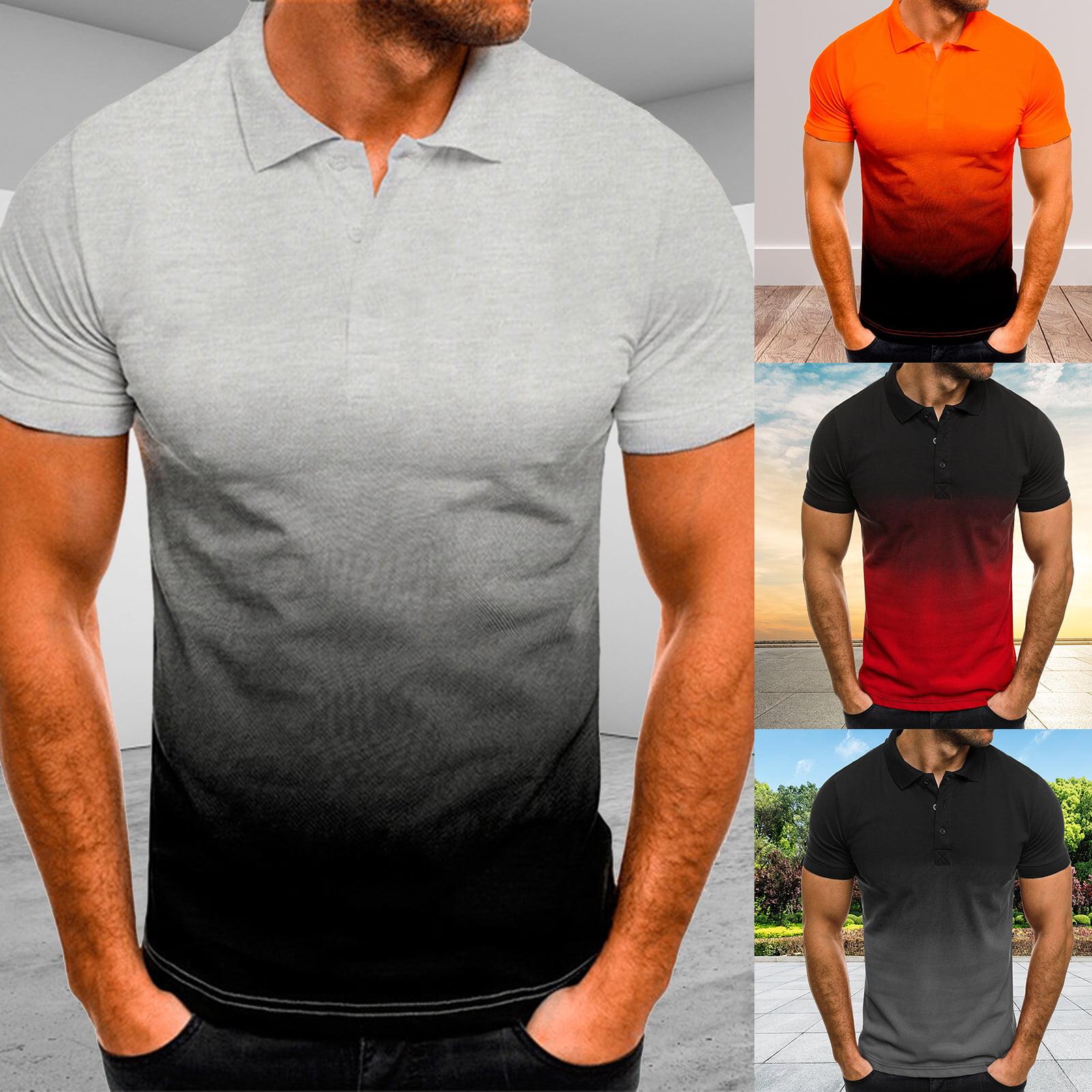 Alion Men Casual V Neck Short Sleeve Solid Polo Shirts Collar Slim T Shirts Tops 
