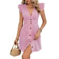 thumbnail image 3 of Women'S Striped Summer Dresses V Neck Casual Mini Dress Flutter Sleeve Ruffle Button Sundresses Pink L, 3 of 8