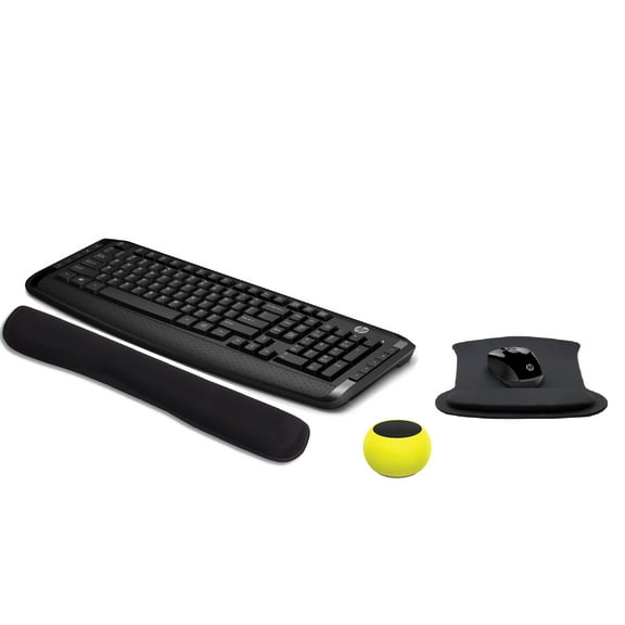 HP Wireless Keyboard & Mouse 300 PC Accessories Bundle with Gel Mouse & Wrist Pads, & Mini Glow in the Dark Bluetooth Speaker with Professional Sound, Built-in Mic & Remote Selfie Button
