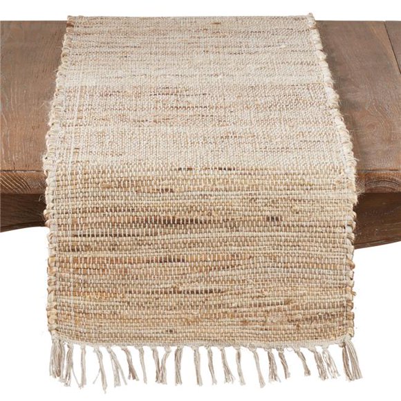 SARO 1983.N16108B 16 x 108 in. Oblong Jute Table Runner with Natural Chindi Design