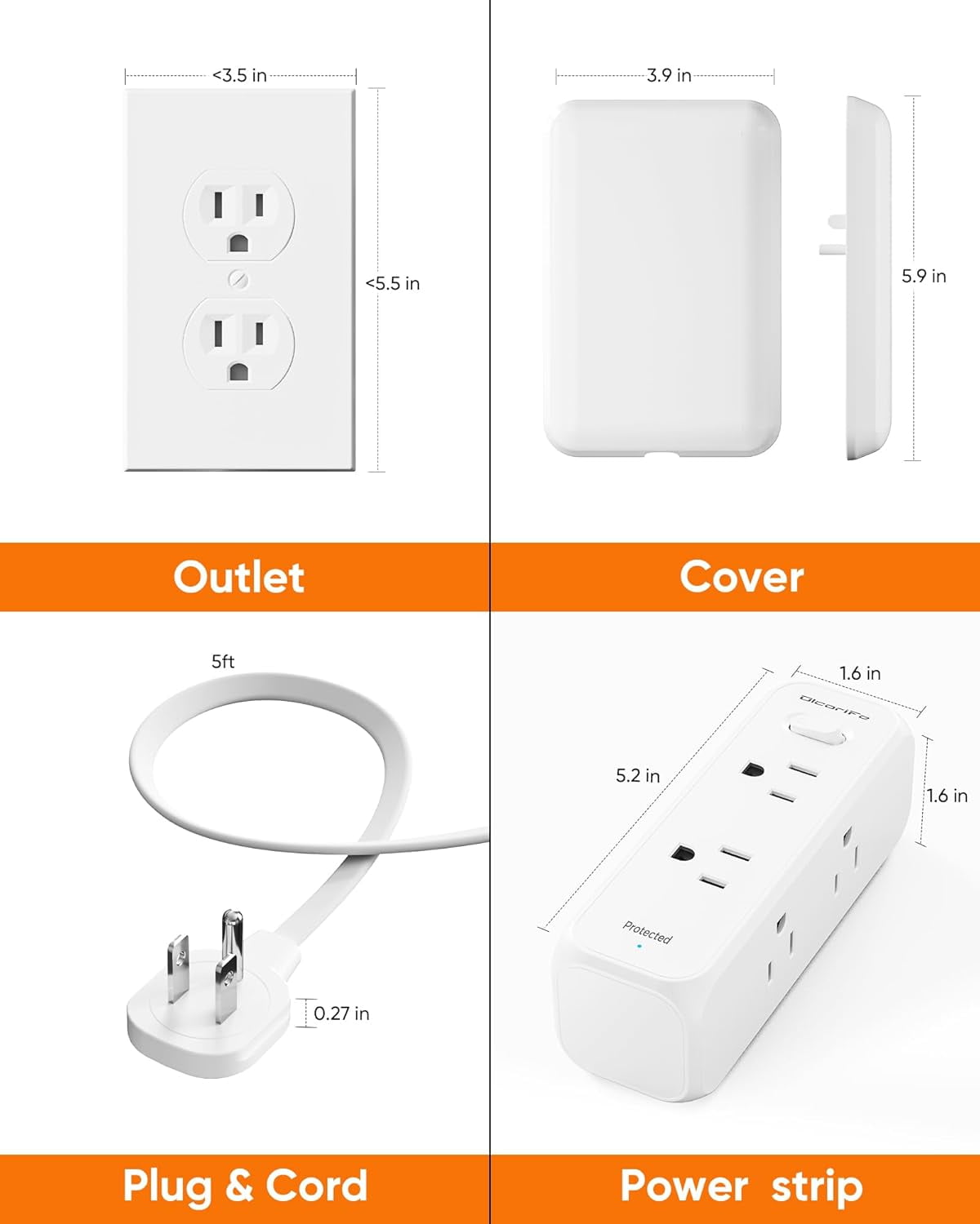 Flat Outlet Extender with Cover, Flat Plug Power Strip with 6 AC Outlets, 2000 Joules Surge Protector, 5FT Flat Extension Cord, Home Office Travel Dorm Room Essentials