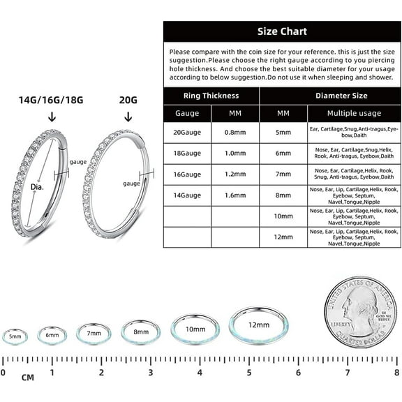 GHRTGR-316L Stainless-Steel Piercing-Ring Hinged Nose-Rings-Hoop with Zircon/Opal 14G 16G 18G 20g Body Pierecing Ring Segment Clicker Lip Rings Cartilage Rook Earrings Diameter 8mm 10mm