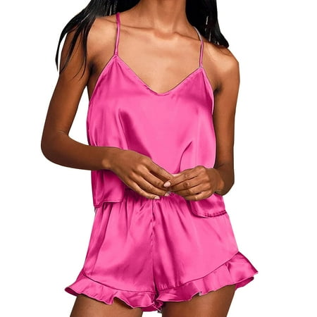 

CYMMPU Women Satin Ruffled Pajamas Sets Spaghetti Strap Racerback Cami and Shorts Sets Lingerie PJS Sleepwear Two Piece Blue