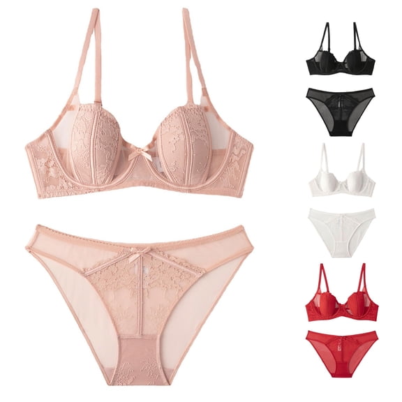 Xijirk Women Lace Underwire Bra and Panty Set Sheer Mesh Bow Adjustable Strap Set for Dating and Nightwear,Pink,L