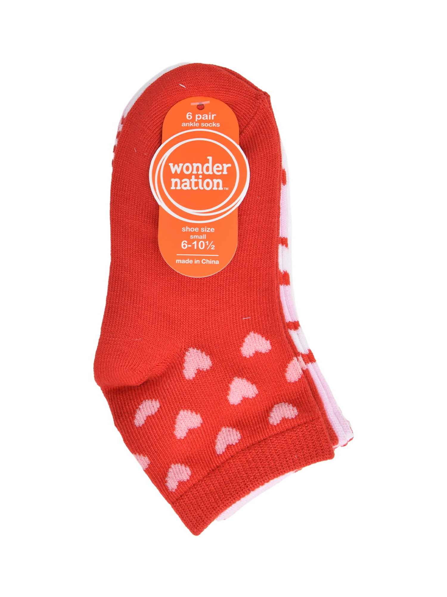 Wonder Nation Girls Heart Quarter Crews Socks, 6-pack, Size Small (Shoe Size 6-10.5)