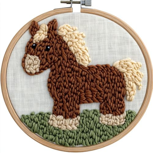 DIY Punch Needle Kits for Beginners Brown Horse with Hoop Embroidery Punch Needle Starter Craft Set Easy for Adults and Children Festival Gift and Decoration 20x20cm-1