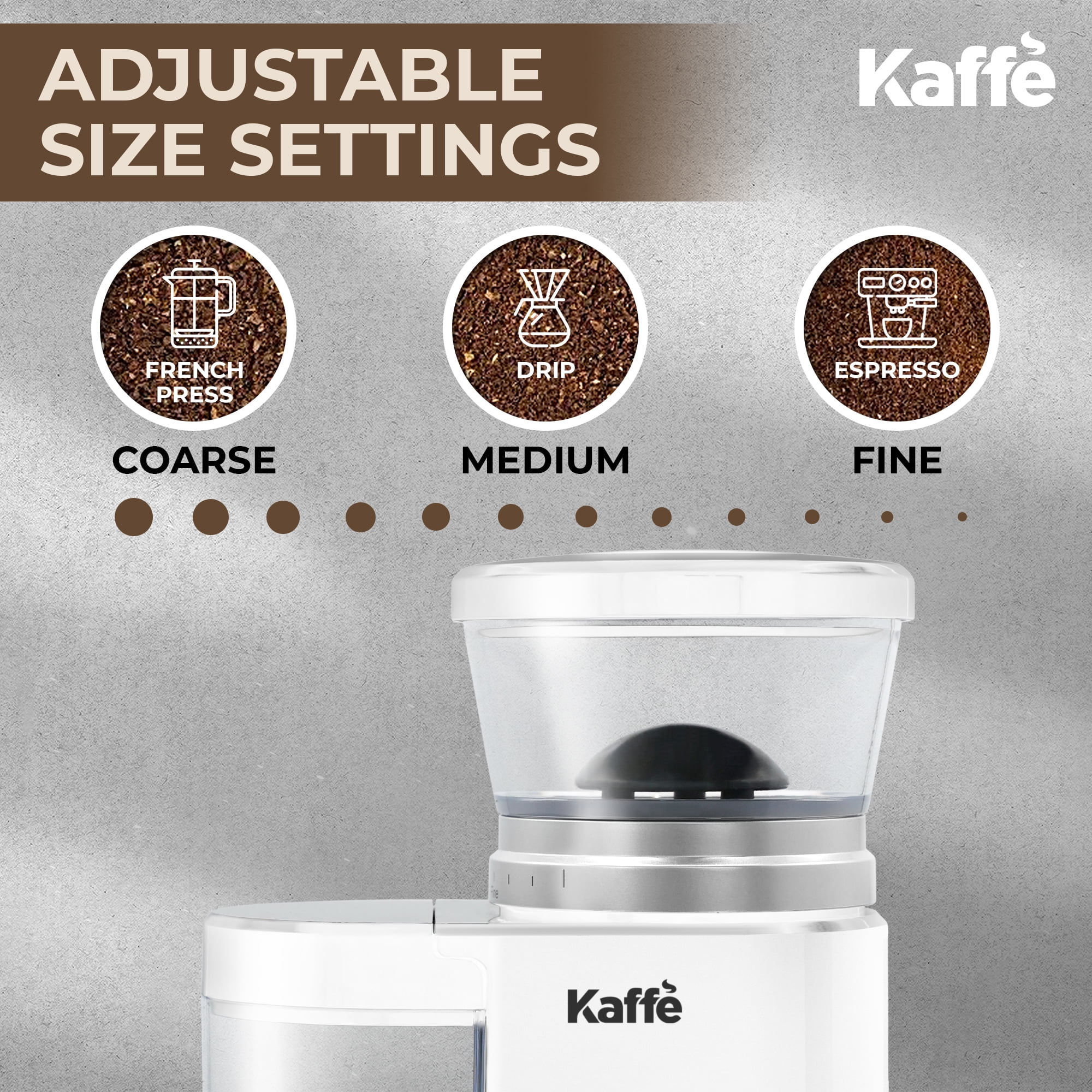 Kaffe Electric Burr Coffee Grinder (5.5oz) w/ Adjustable Coarseness Settings - Flat Burr - [New Upgraded Motor ] - Precision Coffee Bean Grinder for Home Use - White