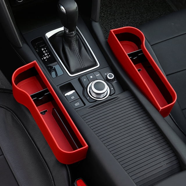 Paquete de 2 organizadores de asiento delantero para coche, espacio de bolsillo para asiento de coche, organizador de asiento de coche de cuero, relleno de espacio para asiento de coche con portavasos (rojo PU) BANYUO Electrónica
