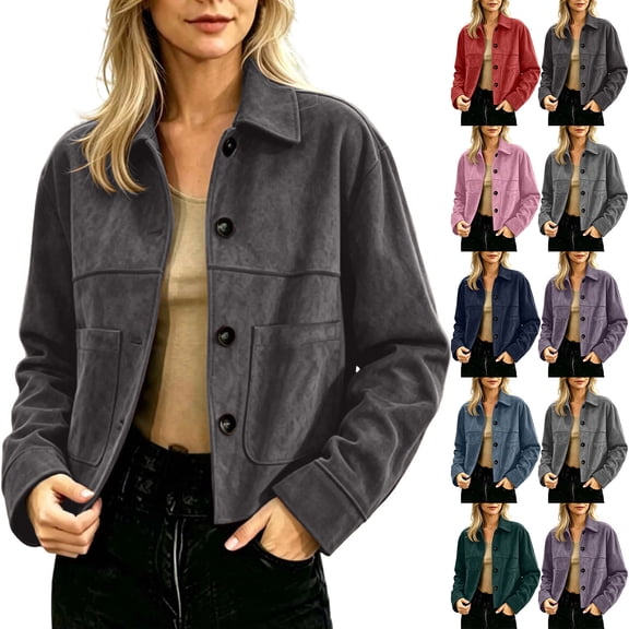 Tqcoqu Suede Jackets for Women 2026 Casual Button Down Cropped Jacket Fall Long Sleeve Outerwear Coats Work Office Clothes